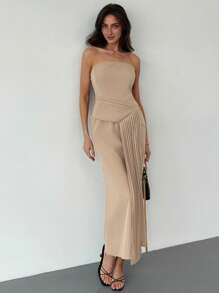 Aloruh Damen elegantes einfarbiges plissiertes Bandeau-Kleid, Sommer - Khaki - Übersicht 7