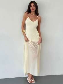 Aloruh Women's Sleeveless Dress, Solid Color, Elegant Summer Style - Apricot - View 1
