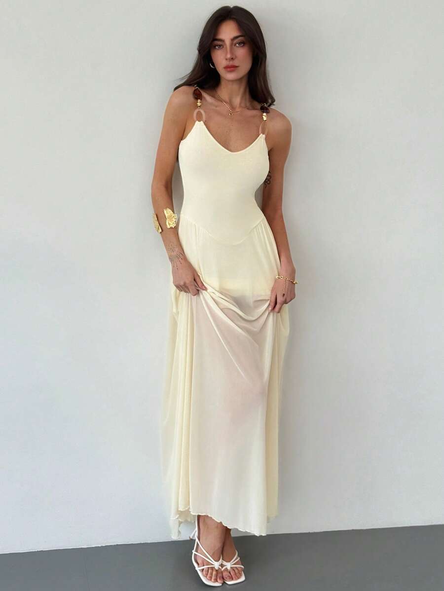 Aloruh Women's Sleeveless Dress, Solid Color, Elegant Summer Style - Apricot - View 1