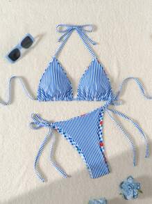 Swim Mod 2pcs Women's New Summer Swimwear Set, Halter Neck Triangle Top & Tie Side Bottoms, Bikini Set For Vacation