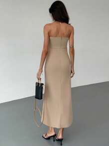 Aloruh Damen elegantes einfarbiges plissiertes Bandeau-Kleid, Sommer - Khaki - Übersicht 4