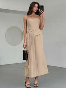 Aloruh Damen elegantes einfarbiges plissiertes Bandeau-Kleid, Sommer - Khaki - Übersicht 1