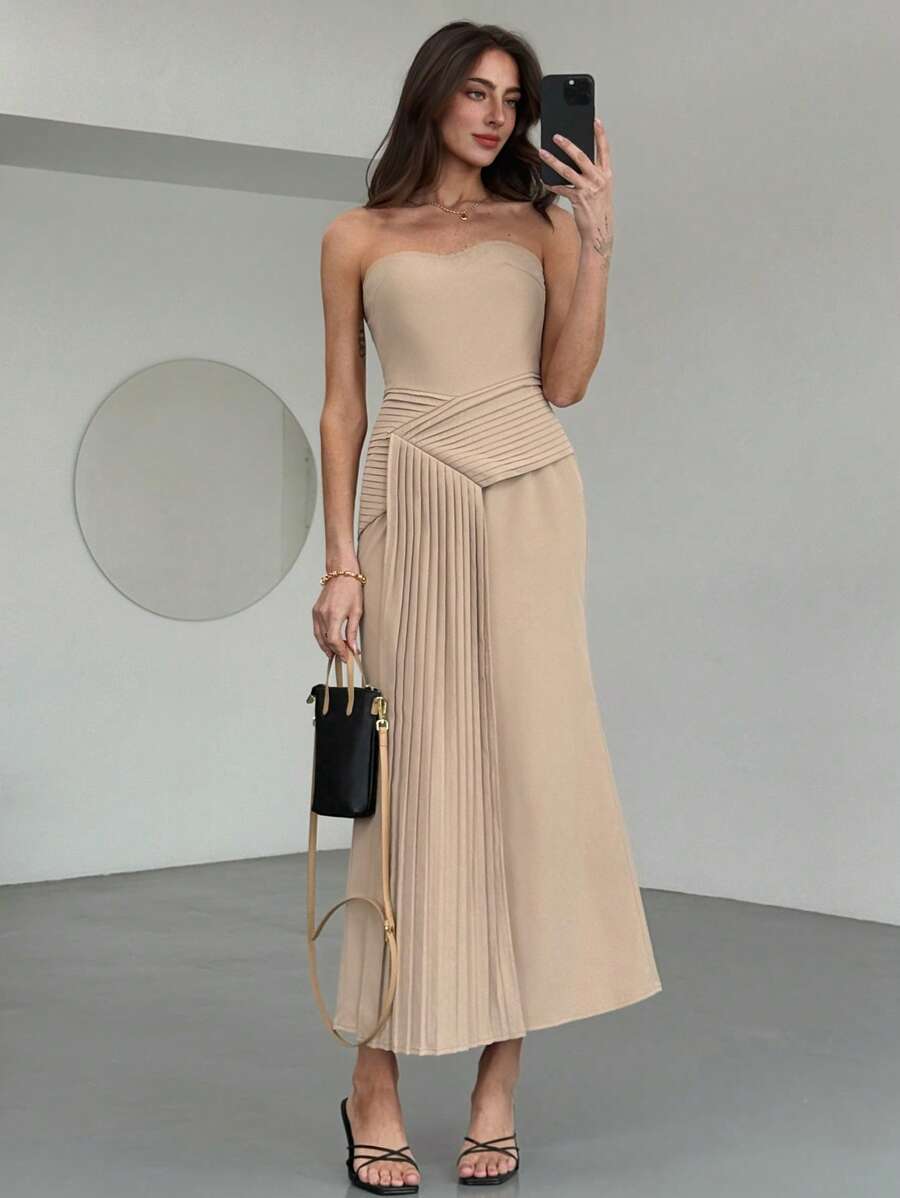 Aloruh Damen elegantes einfarbiges plissiertes Bandeau-Kleid, Sommer - Khaki - Übersicht 1