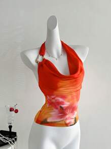 Sweetra 女士夏季海滩度假金属扣装饰V领露背上衣 - 彩色 - 查看 6