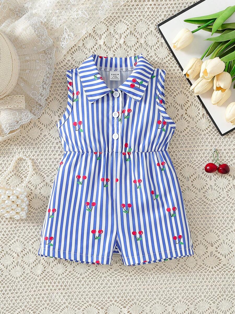 Baby Girl Casual Striped & Cherry Print Romper, Spring/Summer - Blue - View 1