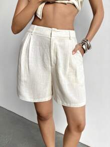 Aloruh Women's Solid Color Pleated Loose Vacation Linen Shorts,Linen Pants - Apricot - View 6