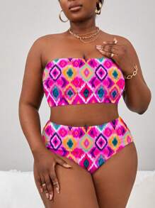 Slaydiva Plus Size Women Colorful Print Removable Wide Strap Bandeau Bikini Set, Minimalist Design For Beach, Vacation, Travel For Summer - Black - View 3