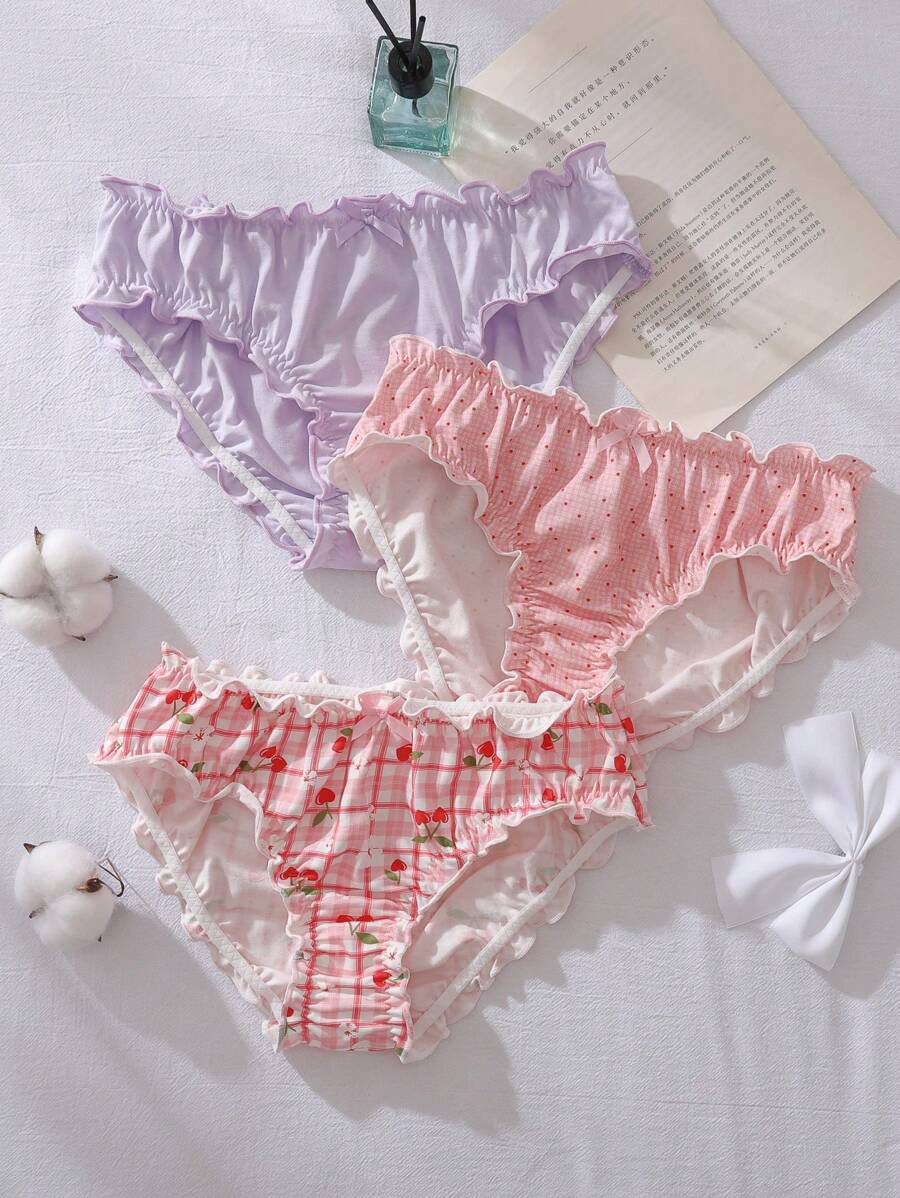 3件套棉质格子、草莓和樱桃印花荷叶边可爱甜美卡哇伊洛丽塔少女内衣 - 彩色 - 查看 1