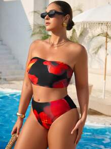Slaydiva Conjunto de bikini con top bandeau y estampado floral para mujer talla grande, traje de baño de playa de verano - Multicolor - Ver 5
