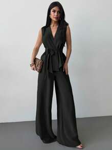 Firerie 2 件套女士夏季休闲优雅宽松 V 领无袖高腰抽绳直筒裤套装，米色 - 黑色 - 查看 3