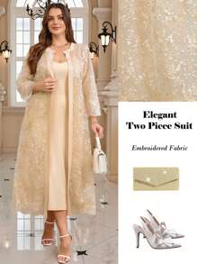 Gownix Curve 加大码女式浪漫优雅日常杏色圆领刺绣宽松外套 + 弹力针织吊带连衣裙加大码两件套、女式婚礼宾客礼服、度假、女式办公室服装、女式节日服装、女式派对礼服、女式演唱会服装、度假两件套、女式教师服装、优雅、女式配套套装、夏季套装、套装、刺绣 - 杏色 - 查看 2