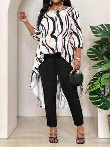 SHEIN Lady Spring And Summer Elegant Commuting Office Casual Boho Colorful Woven Round Neck High Low Quarter Sleeves Plus Size T-Shirts Plus Size Blouses Woman Casual Casual Women Women Summer Outfits For Women For Women Vacation Outfits Woman Beach Outfits For Woman Wedding Guest Dress Women Birthday Dresses For Women Cheetah Print Business Casual Woman Birthday Outfits For Women 4th Of July Women - Multicolor - View 5