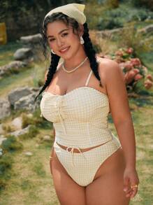 Swim Mod Plus Size Women's Yellow Plaid 2pcs Tankini Swimsuit Set For Summer Beach Vacation