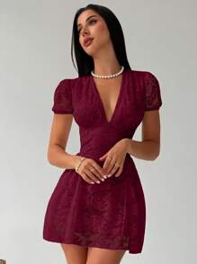 Firerie 浪漫 V 领泡泡袖修身蕾丝 A 字迷你连衣裙，优雅适合约会、婚礼、春夏季 - 酒紅色 - 查看 8