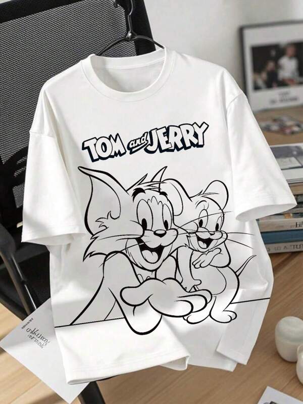 TOM & JERRY X SHEIN Women's White Loose Graphic Tees, Watermark Cartoon Pattern, Cotton T-Shirt, Cartoon Pattern, Casual, Summer