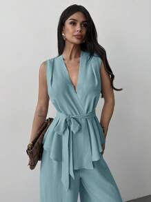 Firerie Conjunto casual de verano para mujer de 2 piezas - Top holgado de cuello en V sin mangas con cordón en la cintura y pantalones de pierna recta, versátil y elegante para uso diario - Azul - Ver 6