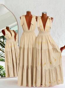 SHEIN Clasi Curve Plus Size 女式浪漫优雅日常休闲度假杏色蝴蝶结吊带 V 领腰部刺绣 A 字长裙