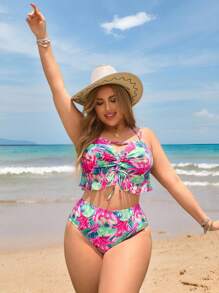 Swim Lushoire Plus Size Women 3pcs Floral Print Halter Ruffle Trim Half-Wrap Mesh Skirt Swimsuit Set, Suitable For Vacation For Summer - Multicolor - View 1