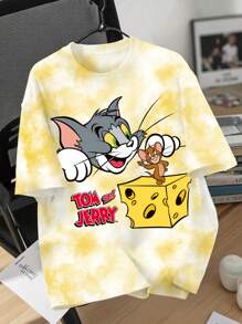 TOM & JERRY X SHEIN Women's Yellow Loose T-Shirt, Butter Yellow, Graphic Tees, Cheese, Cartoon Pattern, , Casual, Summer Outfits