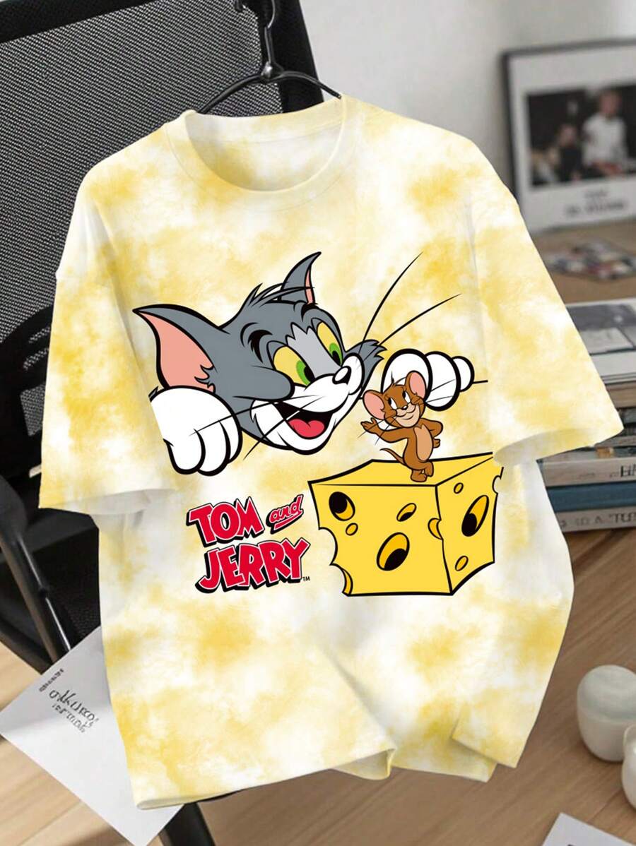 TOM & JERRY X SHEIN Women's Yellow Loose T-Shirt, Butter Yellow, Graphic Tees, Cheese, Cartoon Pattern, , Casual, Summer Outfits