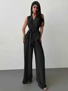 Firerie 2 件套女士夏季休闲优雅宽松 V 领无袖高腰抽绳直筒裤套装，米色 - 黑色 - 查看 7