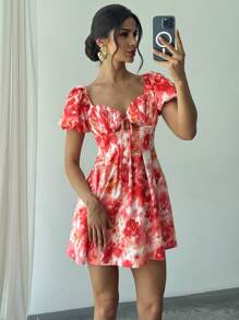 Firerie Women's Floral Print Pleated Bustier Sweetheart Neckline Mini Dress With Puff Sleeves, Perfect For Vacation Wear/Summer Clothes/Graduation Outfit/Holiday Outfits/ Ruffle Shorts/Wedding Guest Dress Women/ Church Outfits Women/Summer Outfits For Women - Multicolor - View 2