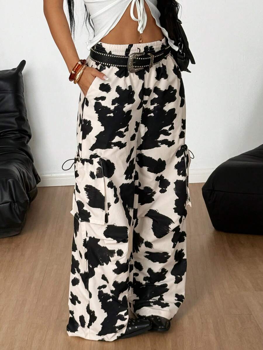 Coolane 女士夏季音乐节街头服饰 Y2K Ports 服饰 西部服饰 波西米亚海滩牛仔印花松紧腰带宽松工装裤 - 棕色 - 查看 1