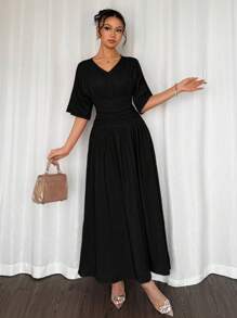 Firerie 女士简约优雅日常通勤风格休闲度假装橙色亮色 V 领短袖褶皱腰拉链 A 字中长连衣裙 - 黑色 - 查看 3