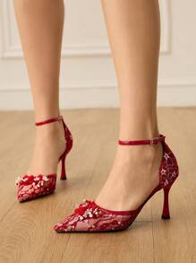 CUCCOO HITCHD Women's Pointed Toe High Heel Shoes, Red Rhinestone Floral Lace Mesh Wedding Party Pumps - Red - View 7