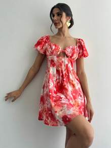 Firerie Women's Floral Print Pleated Bustier Sweetheart Neckline Mini Dress With Puff Sleeves, Perfect For Vacation Wear/Summer Clothes/Graduation Outfit/Holiday Outfits/ Ruffle Shorts/Wedding Guest Dress Women/ Church Outfits Women/Summer Outfits For Women - Multicolor - View 8