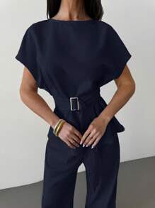 Firerie Completo elegante casual primavera/estate per uso quotidiano, composto da camicia beige in lino e bambù con nodo decorativo al collo e in vita, e pantaloni a vita alta a gamba dritta, adatto per uso quotidiano, vacanze