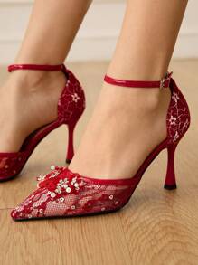 CUCCOO HITCHD Women's Pointed Toe High Heel Shoes, Red Rhinestone Floral Lace Mesh Wedding Party Pumps - Red - View 13