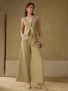 MOTF PREMIUM بنطال ذو جيوب مائلة مزين بخرز اللؤلؤ الاصطناعي