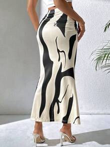 SHEIN PETITE Falda elegante con estampado geométrico y volantes en el bajo con efecto de cola de sirena para mujer - Albaricoque - Ver 2