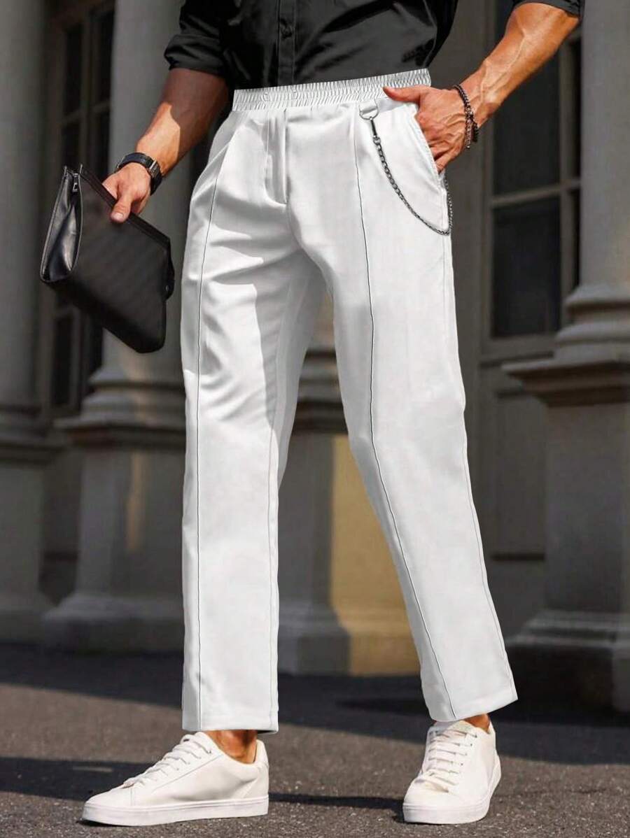 Manfinity Homme Men's Casual Solid Color Chain Decor Pants - White - View 1