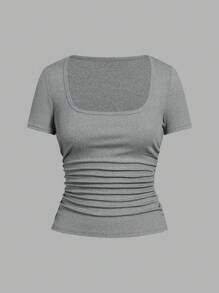 Slaydiva 3pcs/Set Women Casual Square Neck Ruched Fitted Short Sleeve T-Shirt Set, Suitable For Summer - Multicolor - View 7