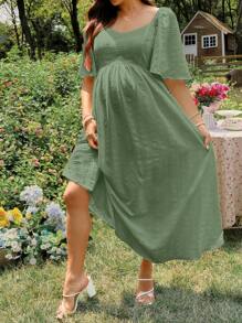 SHEIN Gaun Hamil Lengan Pendek Warna Polos, Modis untuk Musim Panas - Mint Green - View 3
