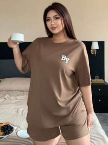 Dazy Plus Letter Print Crew Neck Loose Short Sleeve Top And Shorts Pajama Set
