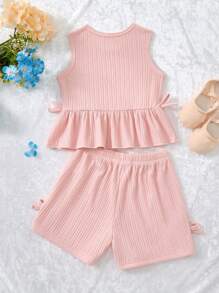 Conjunto de top sin mangas y shorts con lazo en color rosa elegante y minimalista para niñas, adecuado para vacaciones y actividades al aire libre - Rosa - Ver 2