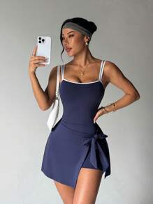 SHEIN Sport Studio Women's Contrast Binding Wrap Tie Strap Sports Dress