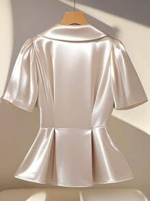 Elenzga Women Solid Color Lapel Neck Puff Sleeve Elegant Blouse - Apricot - View 2