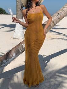 Livesso 女士夏季沙滩吊带针织荷叶边薄纱罩衫度假 - 黃色 - 查看 4