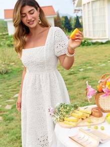 Celure Plus Size Women French Square Collar Romantic Hollow Out Embroidered Cinched Waist A-Line Elastic Hem Maxi Vacation Commute Dress - White - View 3