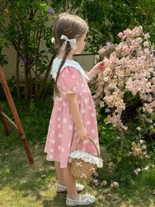 LMoss Kids Váy suông tay bồng cổ Peter Pan họa tiết hoa nhỏ xinh cho bé gái - Hồng - Xem 7