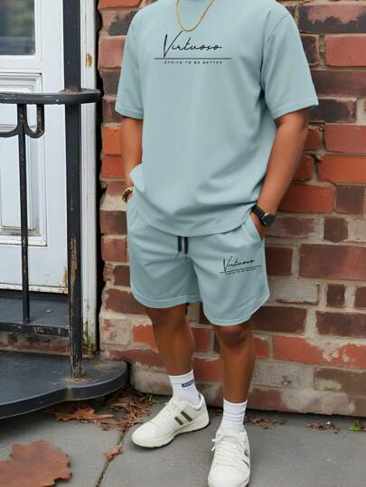 Manfinity Homme Plus Size Men's Letter Print Short Sleeve T-Shirt And Drawstring Waist Shorts Casual Suit, Cozy Outfits