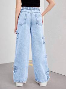 SHEIN Tween 女童 Y2K 粉色刺绣星星喇叭牛仔裤，时尚街头风格休闲百搭四季时尚女孩必备单品 - 淺色水洗藍 - 查看 2