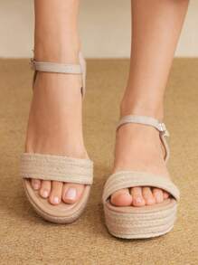 Styleloop Women's Apricot Wedge Heel Woven Straw Rope Platform Open Toe Strap Casual Comfortable Vacation Travel Wedge Sandals, Bohemian Style, Suitable For Music Festivals, Parties