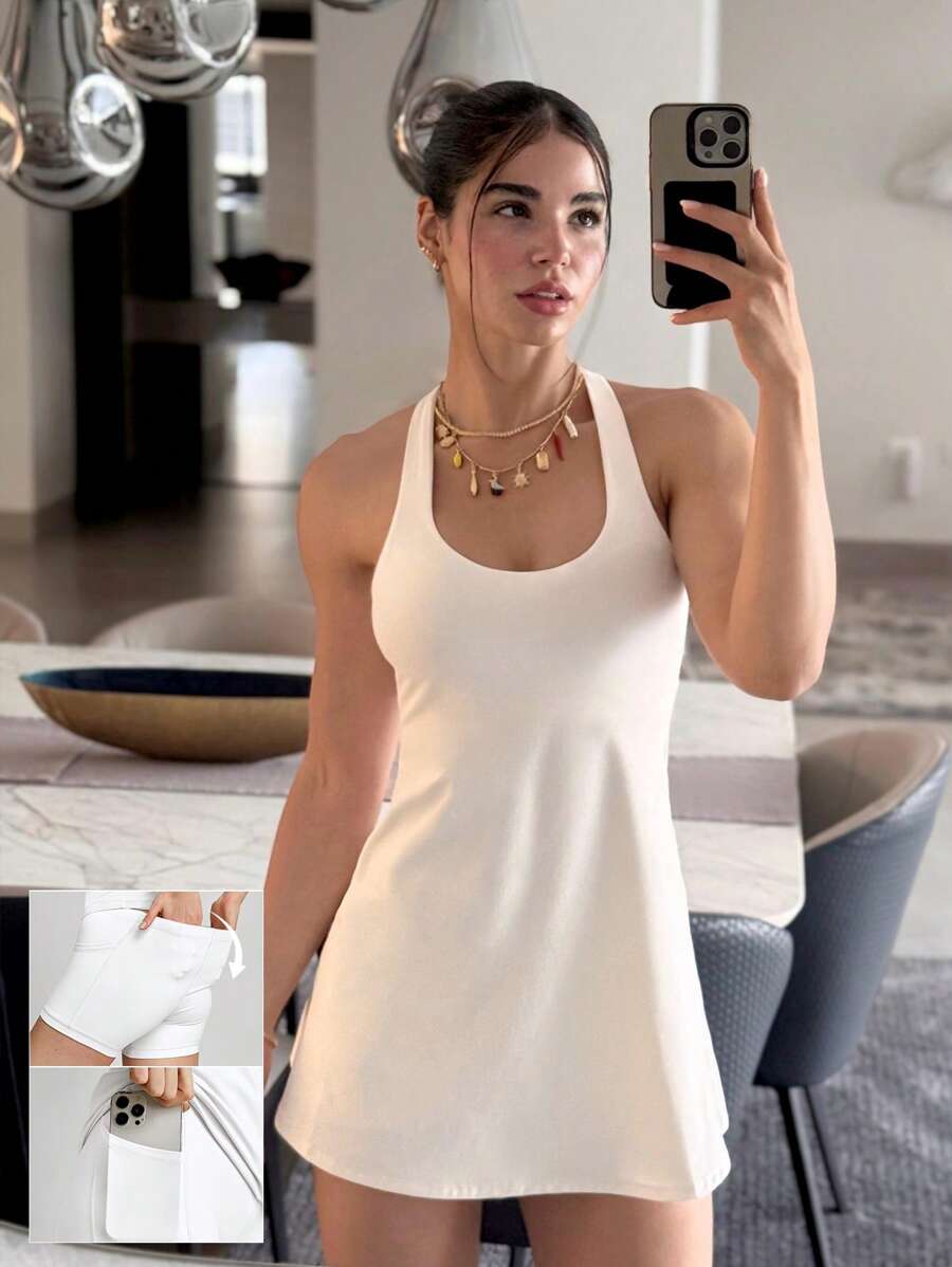 GLOWMODE FeatherFit™-Air Peekaboo每日內置短褲口袋防滑連衣裙，輕度支撐低影響瑜伽工作室春季連衣裙，夏季連衣裙