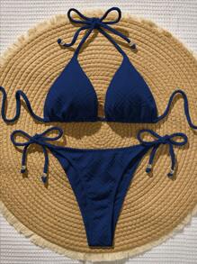 Swim Vcay Solid Color Textured Bikini For Summer Beach Vacation - Navy Blue - View 3