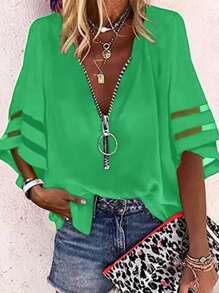 INAWLY Blusa holgada de mujer de talla grande con cierre y malla de contraste de moda casual